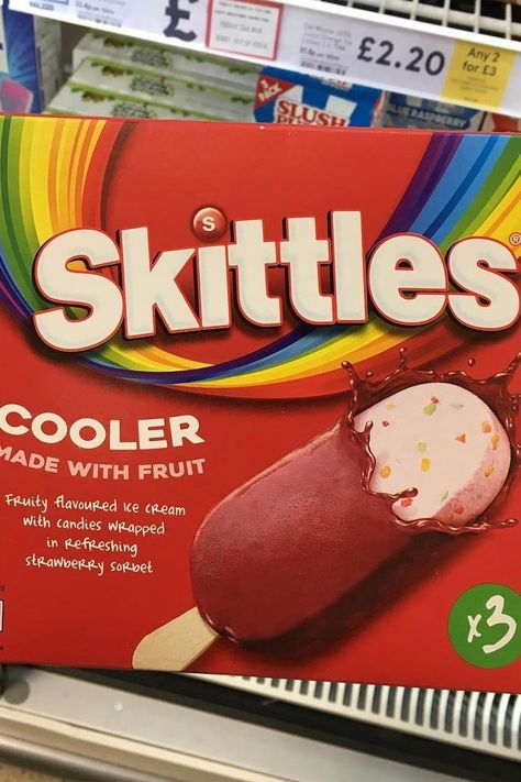 The UK’s Fruity Skittles Ice Cream Bars Are Covered in a Layer of Strawberry Sorbet Skittle Aesthetic, Skittles Dessert, Skittles Ice Cream, I Went To The Store To Get Some Skittles, Skittles Flavored Water, 2000s Food, Fruity Ice Cream, Sour Skittles, Strawberry Sorbet