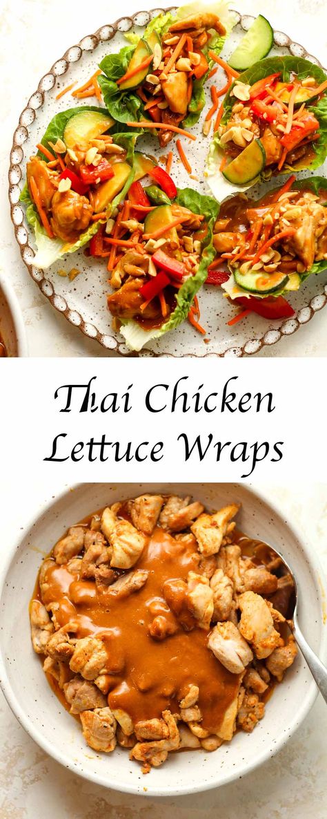 Enjoy our Chicken Lettuce Wraps with Peanut Sauce. They're a tasty mix of juicy chicken, crunchy veggies, and creamy peanut sauce, all wrapped up in fresh lettuce. It's an easy, low-carb meal that everyone will love. Lettuce Wraps Chicken, Peanut Chicken Lettuce Wraps, Thai Peanut Chicken Wrap, Lettuce Wraps With Peanut Sauce, Asian Chicken Wraps, Pf Changs Chicken Lettuce Wraps, Thai Chicken Lettuce Wraps, Crunchy Veggies, Butter Lettuce