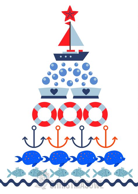 Free printable Christmas card featuring a nautical "Christmas tree." Download it at https://christmasowl.com/download/christmas-card/nautical/ Stitched Christmas Tree Cards, Christmas Sailboat, Embroidery Clipart, Christmas Pyrography, Nautical Christmas Cards, Beach Holiday Card, Marine Christmas, Nautical Christmas Tree, Free Printable Christmas Cards