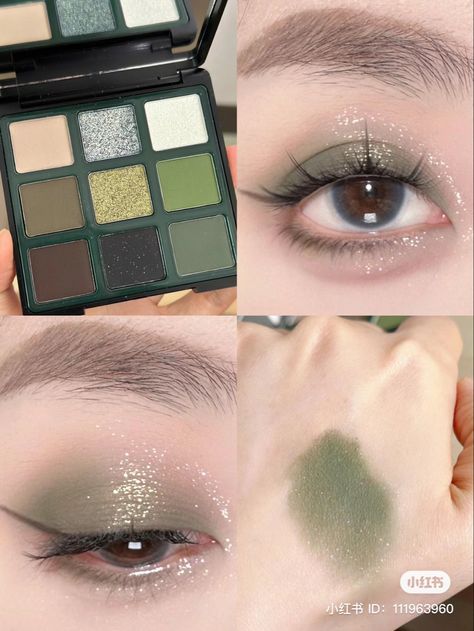 Green Makeup Looks Hooded Eyes, Dark Green Douyin Makeup, Green Eyeshadow Douyin, Sage Green Douyin Makeup, Green Makeup Korean, Brown Douyin Makeup, Green Douyin Makeup, Dark Douyin Makeup, Cute Aesthetic Makeup