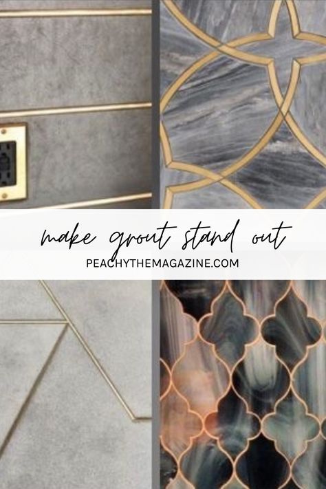 Dare to be different and make your grout stand out! At Pickard Design Studio they are known for mixing metals in their interiors. A favorite combination is metallic satin gold grout with classic Calacatta marble. The bold contrast of grout against the tile creates a sophisticated yet unexpected design element. #makeyourgroutstandout #metallicgrout #interiordesign Metallic Grout Gold, White Subway Tile Gold Grout, Black Tile With Gold Grout, Gold Grout Kitchen, Blue Tile Gold Grout, Copper Grout White Tile, Gold Grout Bathroom, Gold Grout Backsplash, Tile With Gold Grout