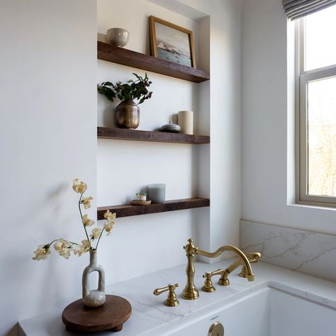 Bear Fence Shelves Above Bathtub, Niche Shelves, Bathtub Shelf, Drop In Bathtub, Walnut Shelves, Bathtub Decor, Primary Suite, Boutique Interior Design, Transitional Bathroom