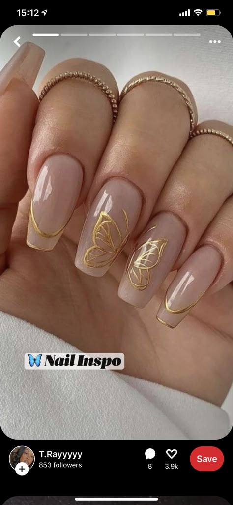 Butterfly Nail Designs, Gold Acrylic Nails, Butterfly Nail Art, Butterfly Nail, Prom Nails, Fire Nails, Chic Nails, Short Acrylic Nails, Manicure E Pedicure