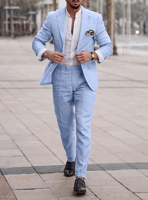 Summer Wedding Outfits Men, Light Blue Suits, Men Linen Suit, King Magnifico, Katb Ketab, Wedding Guest Men, Blue Linen Suit, Linen Suits For Men, Light Blue Suit