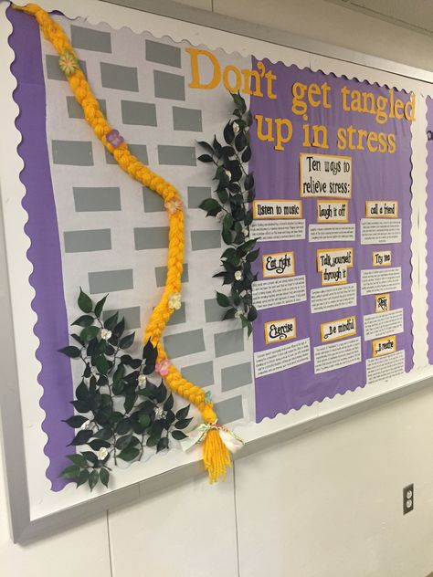 Don't get tangled up in stress! 10 ways to relieve stress with a tangled/rapunzel theme #bulletinboard #ra Rapunzel Bulletin Board, Rapunzel Classroom Theme, Dorm Hallway Themes, Tangled Door Decs, Tangled Bulletin Board, Dorm Floor Themes Resident Assistant, Dorm Hall Themes, Ra Hall Themes, Bulletin Board Themes