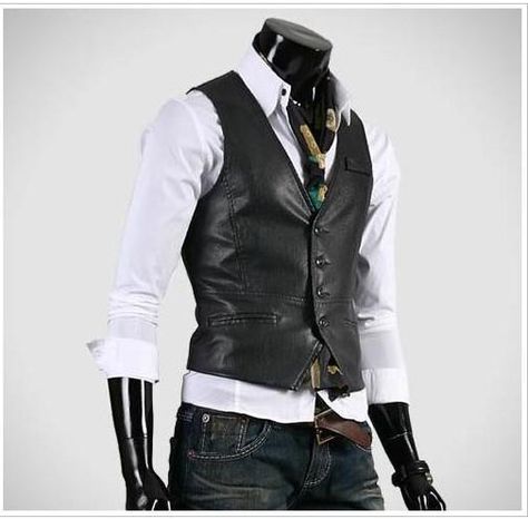 Leather Vest Outfit, Mens Vest Tops, Vest Outfits Men, Black Suit Vest, Mens Vest Fashion, Leather Waistcoat, Waistcoat Men, Mens Suit Vest, Vest Outfit