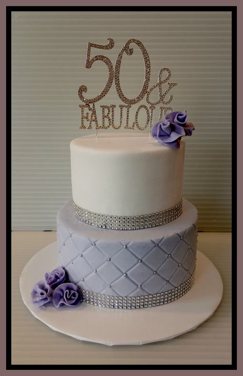 50&fabulous purple and white elegant cake Caramel Pie, White Birthday Cakes, Two Tier Cake, 50 & Fabulous, 50th Birthday Cake, Elegant Cakes, White Cake, Girl Cakes, Tiered Cakes