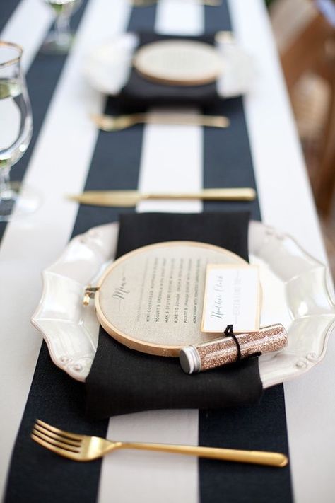 Even classic colors can make a bold statement. Black and white with touches of gold make a gorgeous wedding color combination. Sarah Seven, Gold Flatware, Black White Wedding, Event Inspiration, Menu Ideas, Wedding Menu, Party Inspiration, Beautiful Table, Place Settings