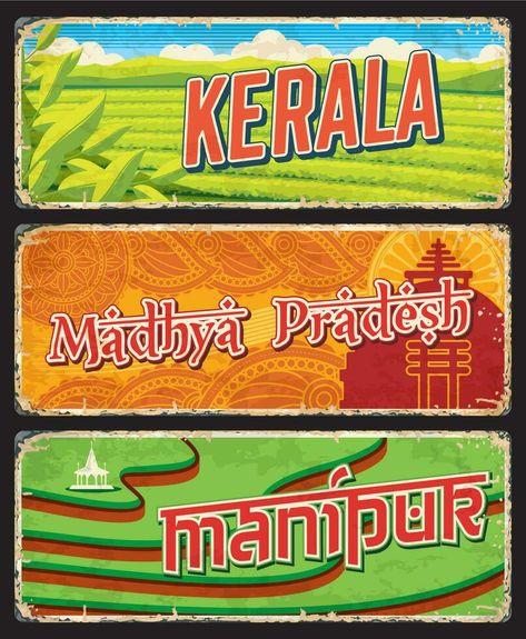 Kerala, Madhya Pradesh and Manipur states of India Vector Game, States Of India, India India, Tree Saw, Madhya Pradesh, Cityscape Photos, Logo Banners, Background Banner, Flower Frame