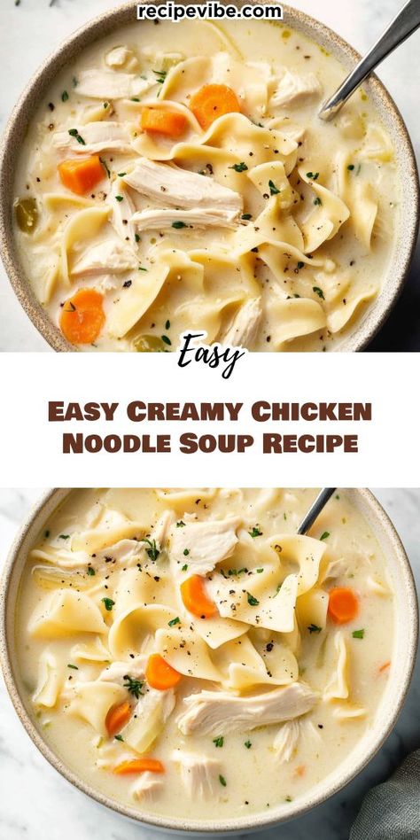 Want a quick and creamy dinner that feels indulgent but is light? This Easy Creamy Chicken Noodle Soup Recipe is your answer! With minimal prep, you’ll have a hearty meal in no time. Save this gem for your light dinner ideas collection! Easy Creamy Chicken Soup Recipes, Soup Recipes Creamy Chicken, Thick And Creamy Chicken Noodle Soup, Simple Chicken Soup Recipes Quick, Quick And Easy Chicken Noodle Soup, Creamy Chicken Soup Crockpot, Easy Chicken Noodle Soup Recipe Stovetop, Cheesy Chicken Noodle Soup, Easy Creamy Chicken Noodle Soup