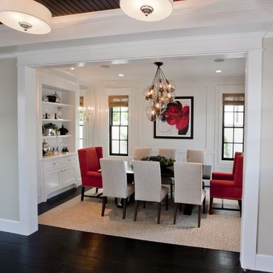 Traditional Dining Room Grey,red,black Dining Room Design, Pictures, Remodel, Decor and Ideas Red Dining Room, Indoor Ideas, Transitional Dining Room, Traditional Dining Rooms, Grey Dining Room, Casa Country, Open Concept Living Room, Black Dining Room, Traditional Dining