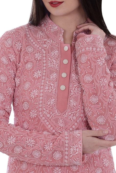 Salmon Pink Pure Georgette Hand Embroidered All Over Chikankari Kurta Lakhnawi Suits Design, Chikankari Suits Design Neckline, Chikankari Suits Design, Chikankari Kurti Designs Latest, Embroidery Kurti, Salwar Neck Designs, Chikankari Suits, Designer Kurti Patterns, Neck Designs For Suits