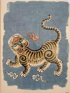 Chinese Tiger Illustration, Korean Tiger, Korean Traditional Art, Asian Tigers, Year Of Tiger, Chinese Tiger, Japanese Tiger, Chinese Folk Art, Buddhist Art Drawing