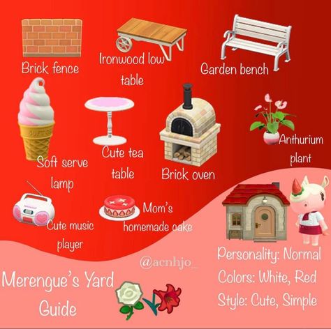 Animal Crossing Yard Guide, Anch Villagers, Merengue Animal Crossing, Acnh Buildings, Villagers Acnh, Acnh Layout, Cottage Core Animal Crossing, Animal Crossing Town Tune, Acnh Yard