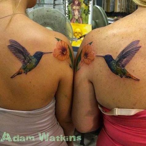 Best Friend Hummingbird Tattoos, Hummingbird Matching Tattoo, Matching Hummingbird Tattoos, Hummingbird Tattoos, Best Friend Tattoo, Mountain Scenes, Bestie Tattoo, Moon Photo, Mommy Tattoos