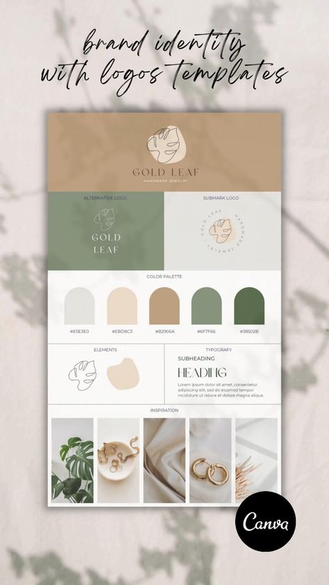 Brand Identity Canva Templates. Premade Boho Canva Color Palette, Elegant Logos, Brand Identity Colors, Boho Logo Design, Brand Board Template, Green Branding, Instagram Branding Design, Jewelry Logo Design, Brand Palette