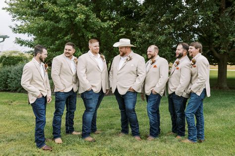 Blazer With Jeans Mens Wedding, Jeans And Sport Coat Mens Wedding, Groomsmen Boots And Jeans, Terracotta Wedding Groomsmen Jeans, Boots And Jeans Groomsmen, Groomsmen Cowboy Boots, Tan Sports Coat Outfit Men, Western Groomsmen Attire Jeans, Jeans And Boots Wedding Guys