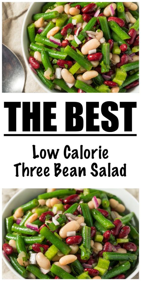 No Cook 3 Bean Salad (JUST 109 CALORIES!) Keto 3 Bean Salad Recipe, Salad Recipes Low Cholesterol, Healthy 3 Bean Salad, Low Calorie Beans, Low Calorie Summer Salads, Summer Bean Salad Recipes, Low Calorie Bean Salad, Ww Bean Salad, 3 Beans Salad