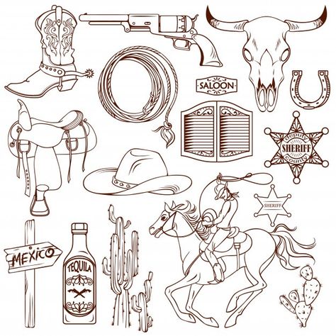 Wild west monochrome set | Free Vector #Freepik #freevector #star #hand #hand-drawn #skull Cowgirl Tattoos, Cowboy Tattoos, Country Tattoos, Cowboy Design, Western Tattoos, Cowgirl Art, Theme Tattoo, Tattoos Geometric, Horse Tattoo