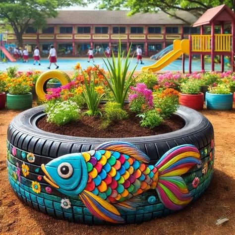 Old Tyre Ideas, Tyre Ideas, Old Tyres, Air Garden, Painted Tires, Tire Garden, Recycled Garden Art, Tire Art, Diy Garden Fountains