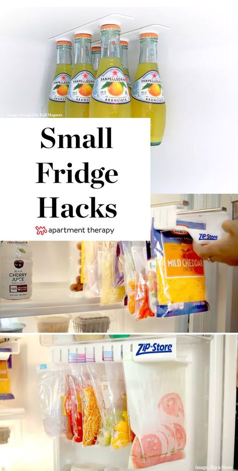 Make Your Tiny Fridge Feel Twice as Big: 11 Brilliant Hacks | Here's how you make a tiny fridge bigger: You don't need magic or borderline-psychic Craigslist sense, you just need some clever hack-y solutions. Here are eleven tricks collected from Pinterest and across the web—each one hand-picked to make the most of your limited refrigerator and freezer space. Tiny Fridge, Small Fridge, Refrigerator And Freezer, Airstream Interior, Camper Organization, Rv Camping Tips, Camper Hacks, Rv Organization, Travel Trailer Camping