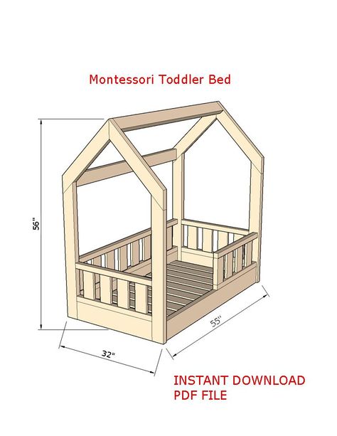 Toddler size house bed PDF Plan with Slats or without Slats, Montessori bed plan, DIY project, House bed frame plan...:) Toddler House Bed Plans, Montessori Bed Plans, House Bed Plans, Diy House Bed, Diy Kids Bed, Cabin Beds For Kids, Twin House Bed, Diy Toddler Bed, House Bed Frame