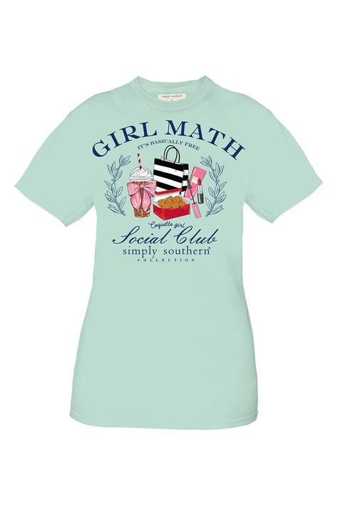 This Simply Southern Girl Math T-Shirt for Women in Blue will be your new favorite! With a fun girl math graphic and lightweight design, this short sleeve tee is perfect for any occasion. Features: Simply Southern Style: SS-GIRLMATH-CHINCHILLA Color: Blue 100% Cotton Simply Southern Shirts Short sleeves, crew neckline Front Graphic: “Girl math it’s basically free coquette girl social clue” screen printed with shopping bag, drink, nuggets, and makeup graphic Back Graphic: “Coquette girl” with a pink bow underneath Simply Southern logo underneath back graphic Measurements from size small: Length from back shoulder: 26” Chest: 36” Machine wash cold, tumble dry low Simple Southern Shirts, Southern Preppy Outfits, Southern Logo, Girl Math, Preppy Outfits For School, Simply Southern T Shirts, Simply Southern Shirts, Coquette Girl, Preppy Southern