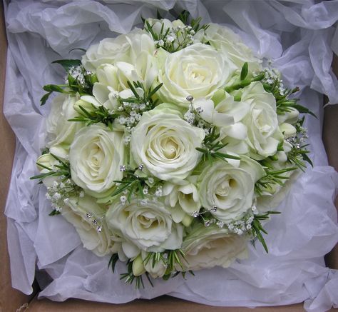 Rose Bridal Bouquets | Wedding bouquet of roses,freesias and gypsophila with rosemary, myrtle ... Green And White Wedding Flowers, Wedding Flowers Gypsophila, Top Table Flowers, Vintage Bridal Bouquet, Garden Rose Bouquet, Green And White Wedding, White Bouquets, White Bridal Bouquet, White Wedding Flowers