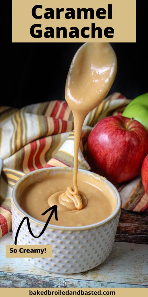 This rich and creamy caramel ganache is very versatile. It is so decadent is can be drizzled on fancy desserts or simple enough to be eaten with an apple slice.  #caramelganache #falldesserts Fancy Finger Desserts, Caramel Ganache Recipe, Dessert Fillings, Apples Slices, Desserts Fancy, Fancy Deserts, Caramel Ganache, Apple Dishes, Apple Slice