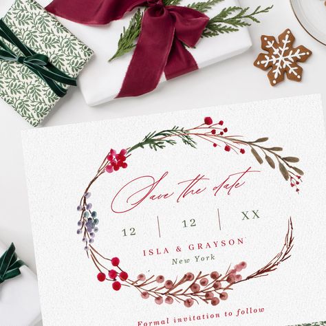 Christmas Wedding Themes, Christmas Wedding Invitations, Winter Berries, Watercolor Wreath, Festive Wedding, Watercolor Winter, Save The Date Designs, Calligraphy Script, Wreath Watercolor