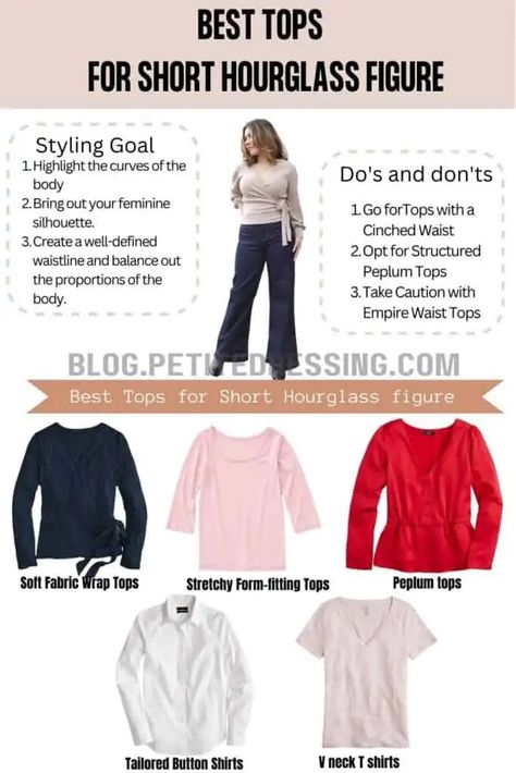 Petite Hour Glass Outfits, Shirts For Hourglass Shape, Petite Hourglass Outfit Ideas, Short Torso Hourglass Outfits, Hourglass Capsule Wardrobe, Petite Hourglass Figure Outfits, How To Style Hourglass Shape, Top Hourglass Body Shape Outfits, Short Hourglass Figure Outfits