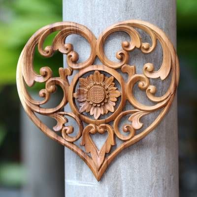 UNICEF Market | Hand-Carved Heart and Lotus Flower Wood Relief Panel - Lotus Love Sculpture Dremel, Wood Relief, Scroll Saw Patterns Free, Dremel Wood Carving, Buddha Sculpture, Carved Heart, Chip Carving, Carving Wood, Wood Carving Designs