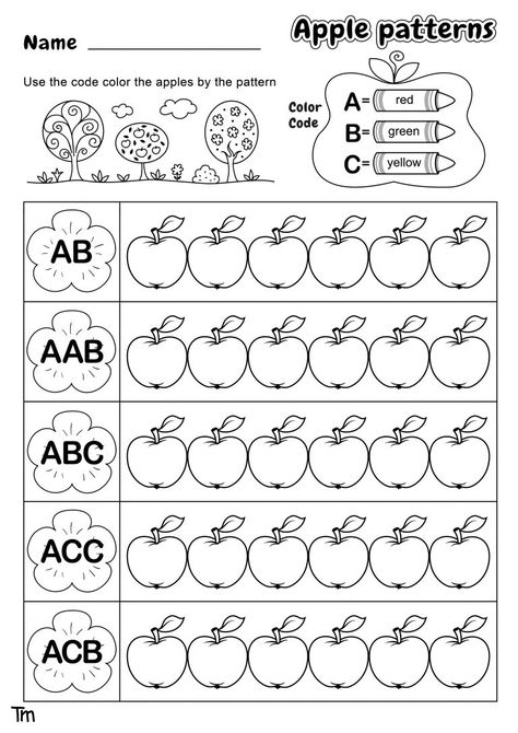 Apples & Where They Come From! Preschool Theme Worksheets | TeachersMag.com Sk Worksheets Free Printable, Kindergarten Worksheets Patterns, Ab Pattern Worksheets For Preschool, Kindergarten Pattern Worksheets, Patterns Kindergarten Worksheets, Pattern Worksheets For Kindergarten Free Printable, Patterns Worksheets For Kindergarten, Apple Worksheets Kindergarten, Pattern Worksheet For Grade 1