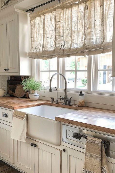 Farmhouse Kitchen Window Treatments, Farmhouse Kitchen Window, Cozy Farmhouse Kitchen, Welcoming Kitchen, Kitchen Shades, Farmhouse Kitchen Curtains, Simple Window Treatments, Design My Kitchen, Modern Farmhouse Furniture