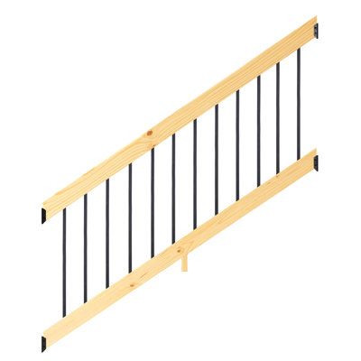 This 6-foot-on-center wood stair railing kit for outdoor stairs comes in a ready-to-build kit complete with balusters. The square balusters are black powder-coated aluminum. The rails are cut with a 34-degree angle for easy installation. They’re available in 3 types of wood that resist insects and rot: solid cedar, pressure-treated, or color-treated. Color-treated rails are pressure-treated wood infused with colorant, so you won’t need to stain them. To lock in color, waterproof as needed. To co Square Balusters, Wood Railings For Stairs, Stair Railing Kits, Outdoor Handrail, Aluminum Balusters, Gates And Railings, Staircase Handrail, Stair Rail, Southern Yellow Pine