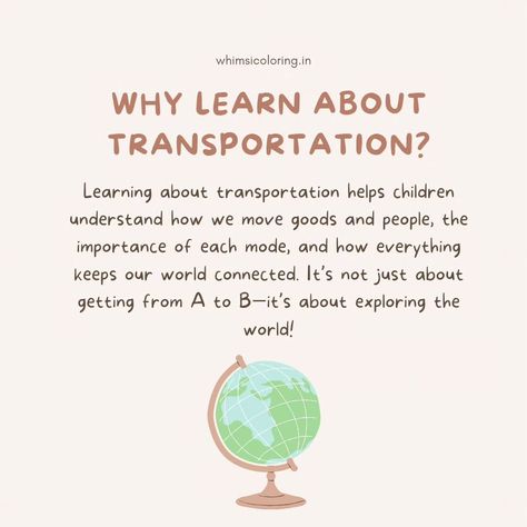 Are your little ones curious about how we move on land, sea, and air? Let's take them on an adventure by learning about various fun and educational modes of transportation! Find all the answers with Whimsi’s transportation-themed worksheets! From cars to airplanes, each worksheet is designed to sharpen your child's knowledge and creativity. Why Learn About Transportation? Learning about transportation helps children understand how we move goods and people, the importance of each mode, and ... Color Worksheets, Exploring The World, Smart Kids, Interactive Learning, Learning Through Play, Worksheets For Kids, Move On, Creative Kids, Coloring Pages For Kids