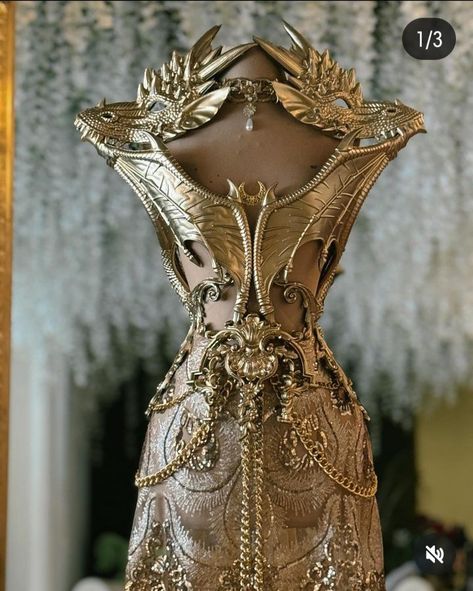 Female Armor Dress Gold, Armor Wedding Dress, Female Armor Dress, Dragon Moodboard, Fantasy Queen Dress, Senior Events, Armour Dress, Dark Medieval, Dress Armor