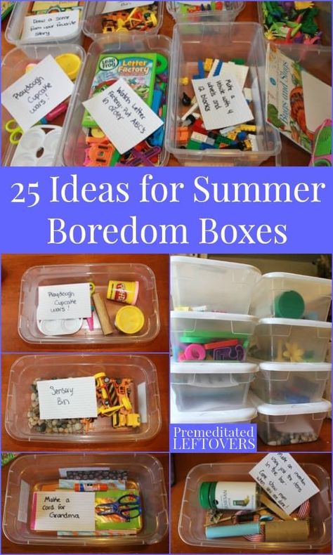 Summer Boredom Buster Idea! Are your kids already complaining about being bored this summer? These 25 ideas for summer boredom boxes will turn toys and supplies you have around the house into fun activities and challenges. These fun ideas include free play activities, educational activities, outdoor activities, and more. Summer Busy Boxes, Dollar Store Busy Boxes, Activity Boxes For Kids, Summer Educational Activities For Kids, Craft Box Ideas, Summer Fun Ideas For Kids, Craft Box For Kids, Quiet Boxes, Summer Boredom Busters