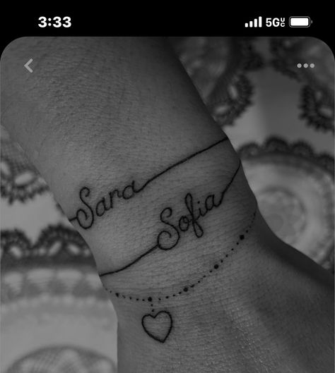 Name Tattoo Bracelet Wrist, Anklet Tattoos With Names, Tattoo Ideas With Childs Name, Tattoo Name Bracelet, Daughter Names Tattoo Ideas Mom, Bracelet Tattoos For Women With Name, 2 Kids Names Tattoos For Women, Name Bracelet Tattoos For Women Wrist, Children’s Name Tattoo Ideas