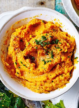 Mix up your classic sweet potato mash with the addition of fragrant chives and punchy miso. | Tesco Roast Dinner Sides, Mashed Squash, Mashed Butternut Squash, Sweet Potato Mash, Thanksgiving Vegetables, Baked Butternut Squash, Baked Squash, Squash Pasta, Roasted Butternut Squash Soup