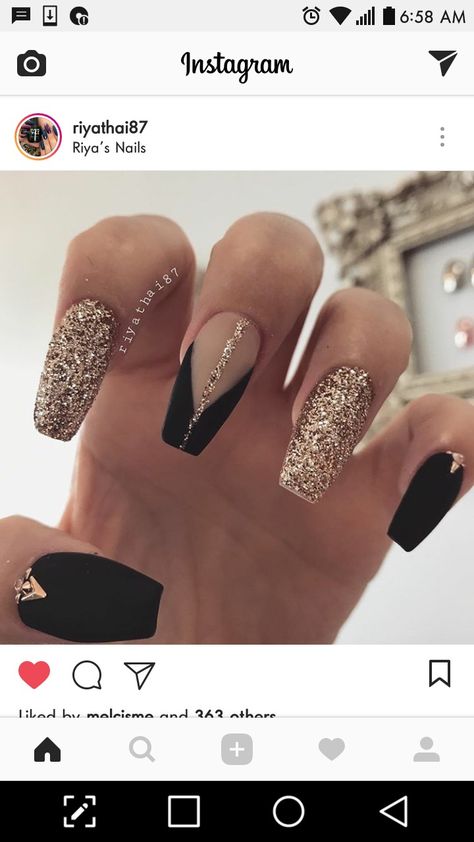 Square Long Nails Acrylics With Diamonds, Vegas Nails Acrylic, Black And Rose Gold Nails Acrylic, Nail For New Years Ideas, Black And Champagne Nails, Rose Gold And Black Nails, Black New Years Nails, Nail Designs Gel Polish, Art On Nails