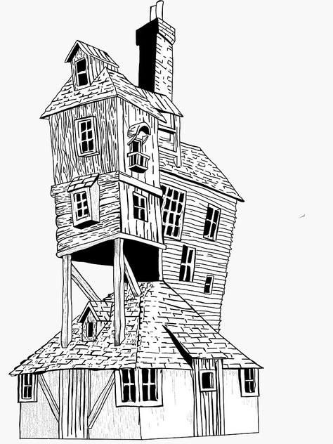 "The Burrow" Sticker by Erinmoran | Redbubble Weasly House Drawing, The Burrow Illustration, The Burrow Sketch, The Burrow Painting, The Burrow Drawing, The Burrow Tattoo, Harry Potter Architecture, Harry Potter Line Art, Harry Potter Window