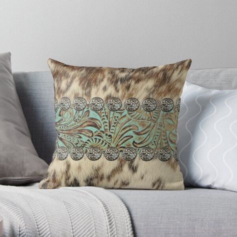 "Rustic brown cowhide teal western country tooled leather " Throw Pillow by lfang77 | Redbubble Regular Pillows, Leather Throw Pillow, Cowboy Fashion, Apt Decor, Leather Throw Pillows, Country Cowboy, Plans Architecture, Brown Cowhide, Throw Pillow Styling