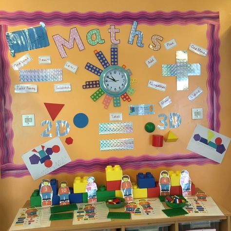 EYFS Maths display. Numecon clock. Interactive Lego addition and subtraction. Maths Display Ks2, Numeracy Display, Eyfs Displays, Nursery Display Boards, Maths Wall, Maths Classroom Displays, Maths Working Wall, Investigation Area, Maths Eyfs