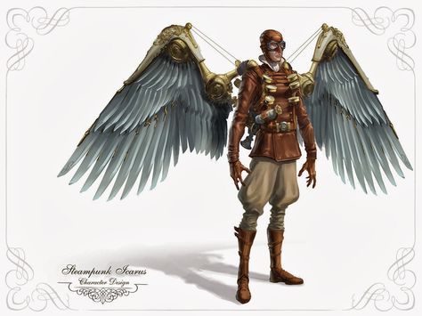 Inspiration Strikes!: Story Seed - Icarus 2.0 Steampunk Wings Tattoo, Wings Inspiration, Flying Man, Airship Art, Steampunk Wings, Steampunk Character, Steampunk Illustration, Steampunk Vehicle, Myths And Legends