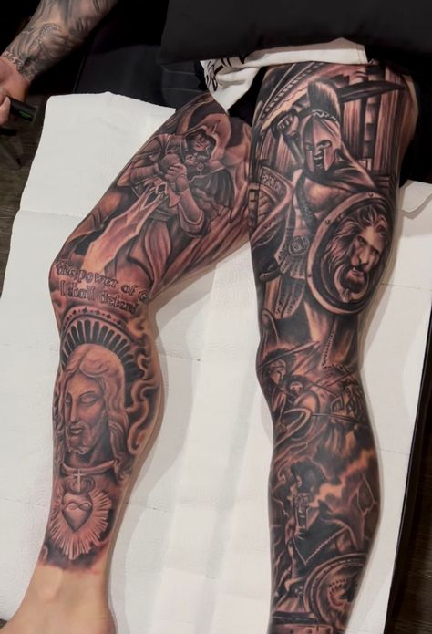 Roman Leg Sleeve Tattoo, Christian Leg Sleeve Tattoos, Religious Leg Sleeve Tattoo, Thigh Tattoos Women Black, Angel Sleeve Tattoo, Tattoo Perna, Roman Tattoo, Tatted Men, Type Tattoo