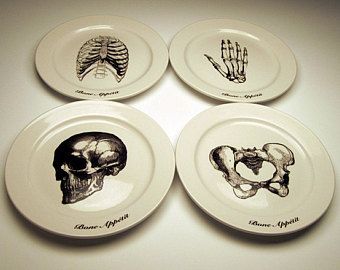 Skeletal plate, halloween plate, BONE APPETIT 9 inch dinner plates, doctor gift, goth tableware, skull dinnerware, Rib Cage, Pelvis, Hand Bone Appetit, Dessert Design, Halloween Plates, Doctor Gifts, Décor Diy, Dinner Plate Sets, Skeletal, Skull And Bones, Kitchen Stuff