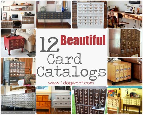 One Dog Woof: Repurposed Card Catalog Roundup Repurposed Card Catalog, Library Card Catalog Cabinet, Card Catalog Cabinet, Library Card Catalog, Home Decor Catalogs, Card Catalog, Library Catalog, Furniture Rehab, Craft Room Office