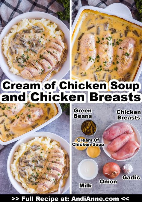 This cream of chicken breast recipe uses six easy ingredients to make a delicious flavorful meal.Cream of chicken soup and chicken breasts are baked in the oven with onions and green beans. The result is a creamy sauce similar to gravy that tastes perfect served with mashed potatoes or pasta. Cream Of Chicken Soup Gravy Recipes, Chicken Bake With Cream Of Chicken Soup, Chicken And Gravy Oven Baked, Chicken In Cream Of Chicken Soup, Baked Chicken Recipes Cream Of Chicken, Chicken Recipe With Cream Of Chicken, Oven Baked Chicken Breast With Cream Of Mushroom Soup, Oven Baked Chicken With Cream Of Chicken Soup, Chicken Breast Recipes With Cream Of Chicken Soup