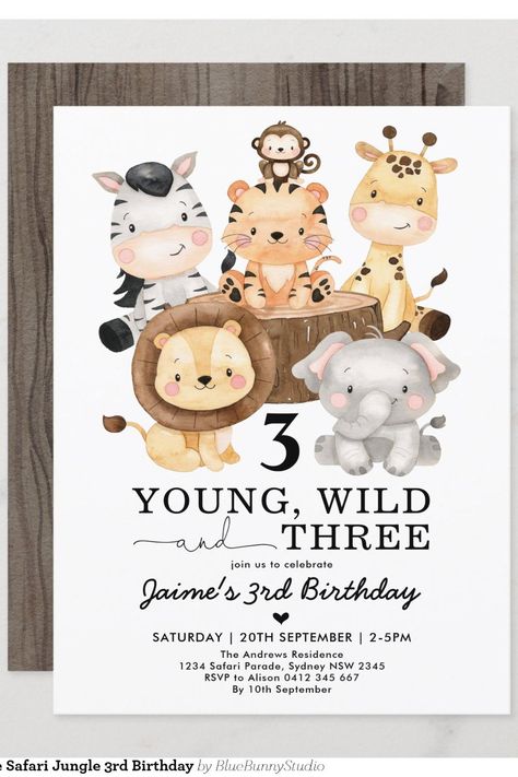 Young Wild & Three Safari Jungle 3rd Birthday Invitation Jungle Third Birthday Party, Jungle Theme Birthday Invite, Wild And Three Invitation, Birthday Invitation Card Jungle Theme, Jungle Safari Birthday Invitation, 3rd Birthday Invitation, Safari Jungle, Blue Bunny, Safari Birthday